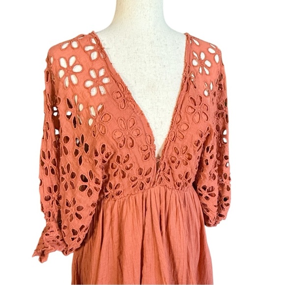 Free People Bella Note Eyelet Mini Lined Flutter Dress. Terracotta Size S #1877 - Picture 7 of 9